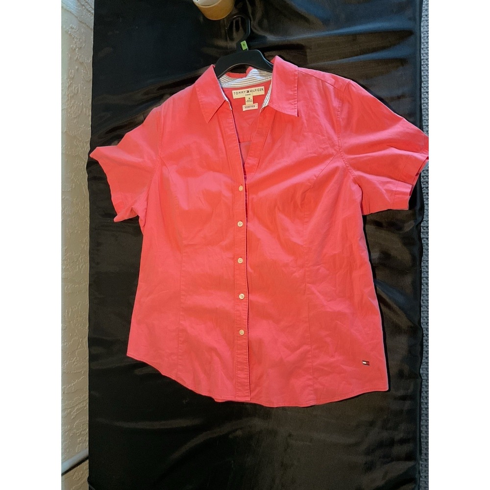 Tommy Hilfiger Women's Button Up V Neck Stretch Coral Shirt